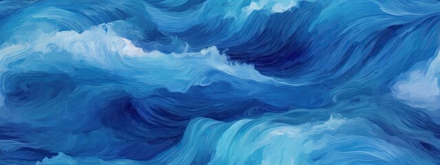 Seamless abstract turquoise blue rolling ocean waves seascape painting background texture. Contemporary tileable nautical sea water backdrop or summer vacation beach theme digital art pattern