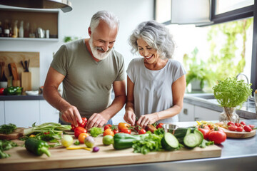 Happy seniors couple prepare vegan food at home in modern trendy design kitchen