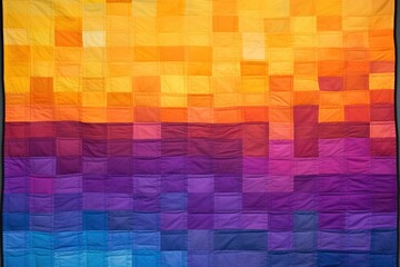 Quilt of vibrant patchwork squares arranged in a gradient from cool to warm colors
