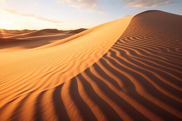 Fototapeta na wymiar Rippling sand dunes at sunset casting long shadows