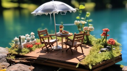 Fototapeta na wymiar a miniature table and chairs with an umbrella on a miniature island. generative ai