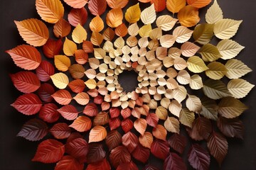 Spiral arrangement of autumn leaves sorted by color