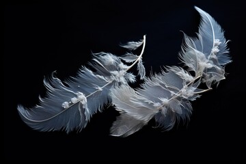 Snowflakes caught on a delicate feather against a black background