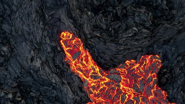 Aerial view of lava flowing from Litli-Hrutur (Little Ram) Volcano during an eruption on Fagradalsfjall volcanic area in southwest Iceland, Reykjanes Peninsula, Iceland.