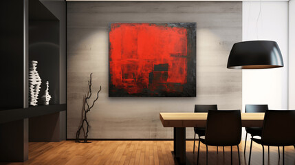 Modern interior of living room with wooden walls and wooden floor, dining table with black chairs and red painting on the wall.