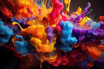 Splashes of colorful ink floating in a zero-gravity environment - obrazy, fototapety, plakaty