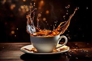 Splash of hot coffee against a white cup during a pour
