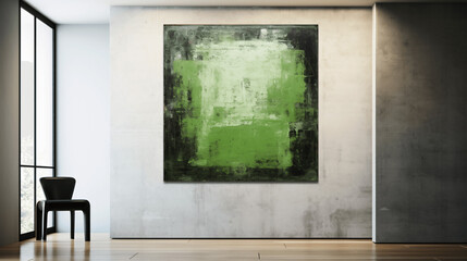 Empty room with blank green poster on concrete wall. Mock up