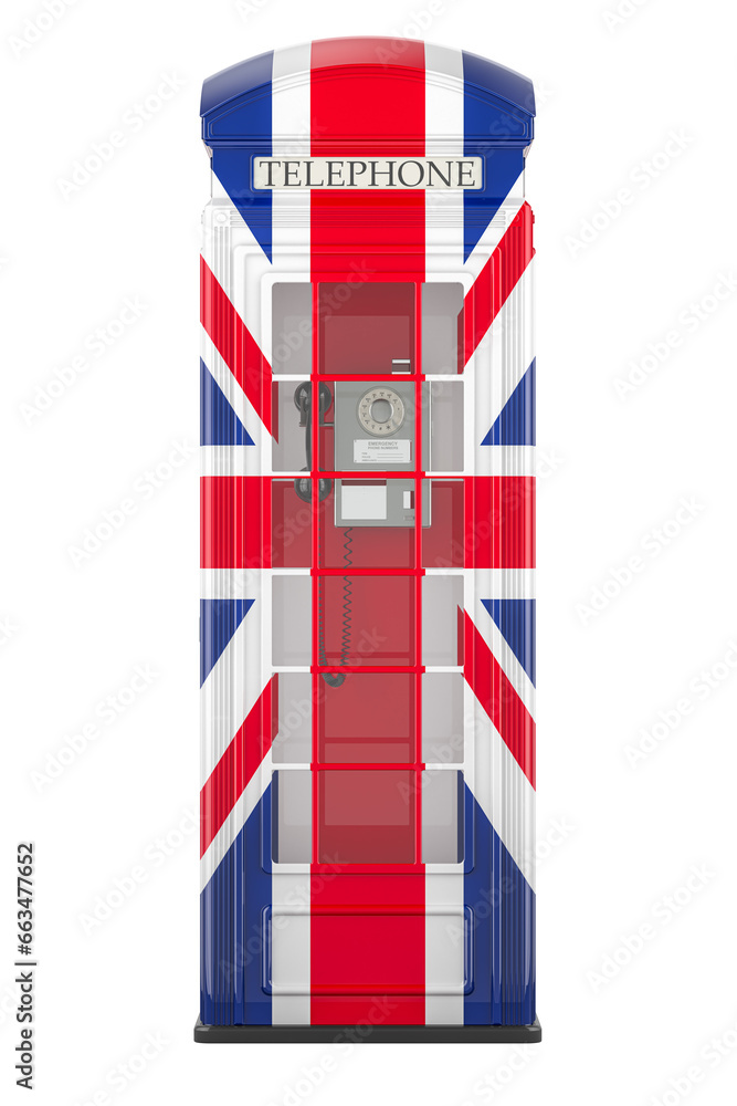 Poster telephone box with british flag, 3d rendering isolated on transparent background