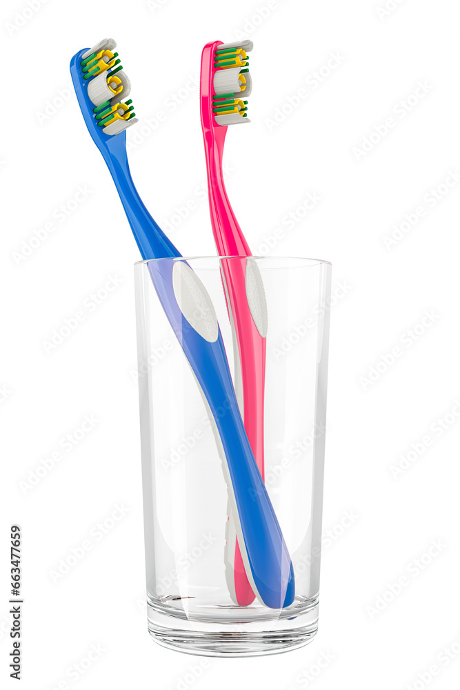 Poster toothbrushes in glass, 3d rendering isolated on transparent background