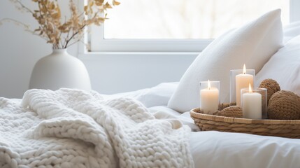  a basket of candles on a bed next to a blanket.  generative ai