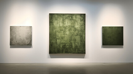 a green art gallery interior with empty frames. Mock up