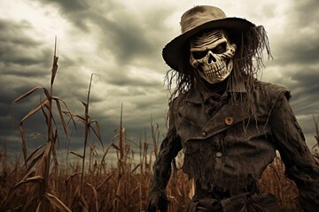 Spooky scarecrow in a desolate cornfield under a stormy sky