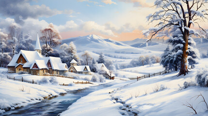Fototapeta na wymiar Winter Wonderland, A Vibrant Watercolor Village