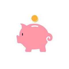 Piggy bank and coin. Vector flat color illustration isolated on white background.