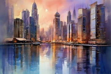 Watercolor cityscape at twilight with lit-up skyscrapers reflected in a river