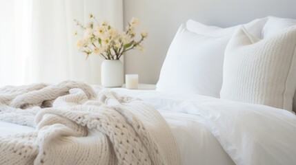 Fototapeta na wymiar a white bed with a white blanket and pillows on top of it. generative ai