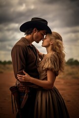 wild west vintage retro noire couple in love. kissing valentines couple. cowboy hat. leather outfit. passionate couple. blond woman. delicate Amish woman wearing a dress. holster. farm background.  - obrazy, fototapety, plakaty