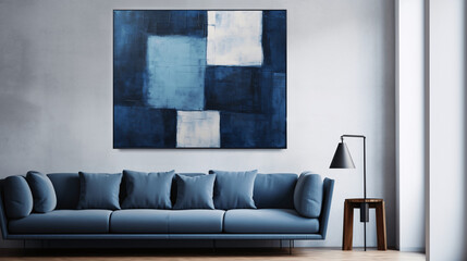 Interior of modern living room with blue sofa and mock up poster