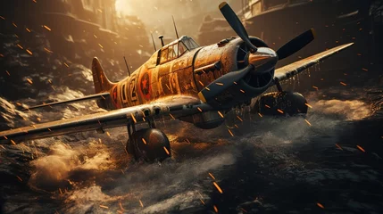 Foto op Canvas A WWII battle scene, somewhere in the Sea of Japan, WWII fighter jets battle enemy fighter jets. Created with Generative Ai technology. © Viktor