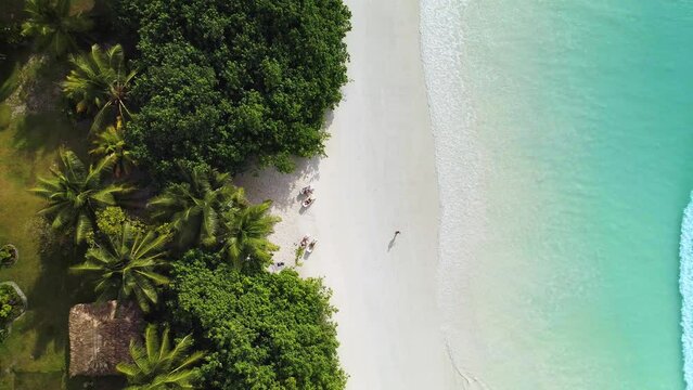 Aerial view of a person walking along the shoreline on the beach on Praslin Island, Seychelles.
