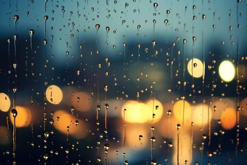 A bokeh shot of raindrops on a window pane with city lights in the background