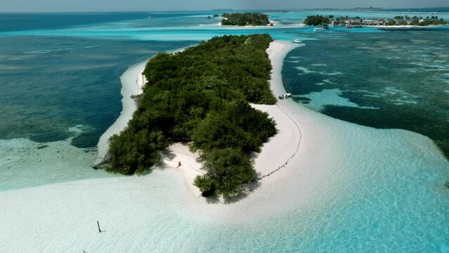 Aerial view of white sand beach at South Ari Atoll, Maldives.