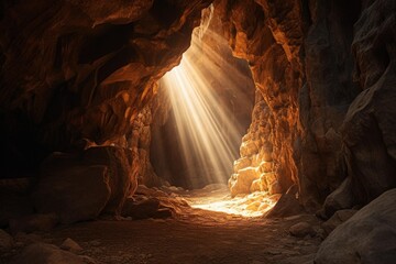 A narrow passageway in a cave illuminated by shafts of sunlight