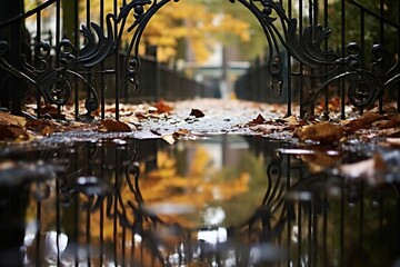 A puddle reflecting the intricate design of a wrought-iron gate - obrazy, fototapety, plakaty
