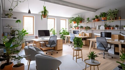 Inspiring office interior design Scandinavian style Corporate Office featuring Natural elements architecture. Generative AI AIG 31.