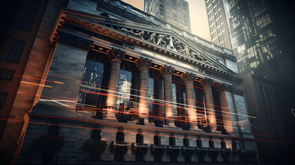 Stock market building in the city, official physical place for selling stocks in night city - obrazy, fototapety, plakaty