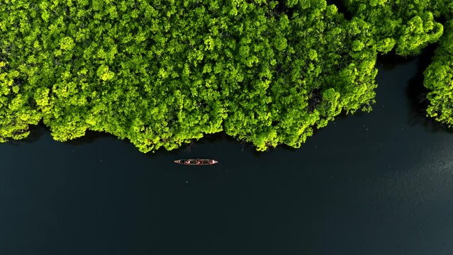 Aerial view of people on a canoe sailing along the Maasin River, Siargao, Philippines.