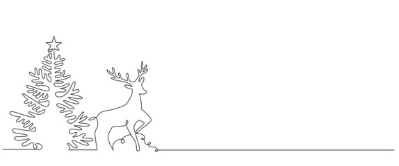 line art drawing Christmas tree, reindeer. Black and white line art Merry Christmas banner, minimalist style. Vector