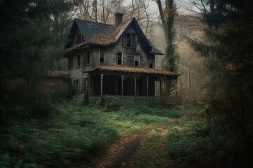 Fototapeta na wymiar A spooky house hidden amidst the woods. Generative AI