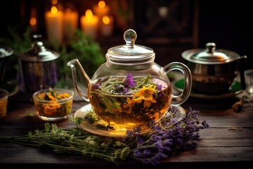 Freshly brewed tea in a glass teapot, surrounded by an assortment of herbs