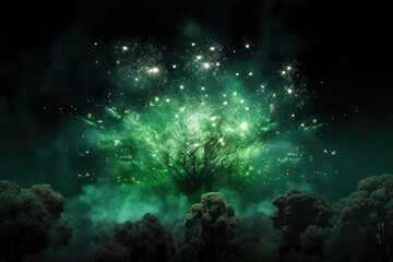 Fototapeta na wymiar Green firework explosion illuminating a dark sky during a festival