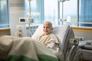 Child with shaved head due to cancer with positive expression in hospital. AI generated.