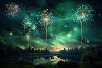 Green firework explosion illuminating a dark sky during a festival