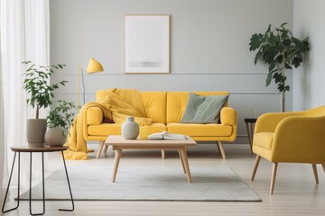 Minimalist living room featuring a yellow sofa and Scandinavian design. Generative AI