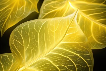 Overlapping translucent leaves with veins illuminated by backlighting