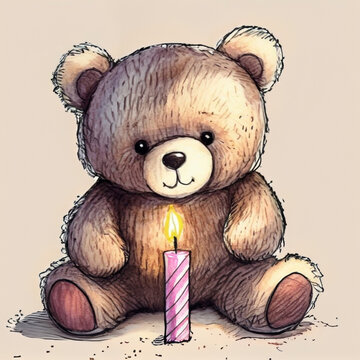 Teddy bear birthday party with candle pencil illustration 