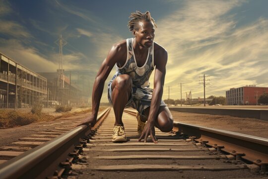 A man kneeling down on train tracks