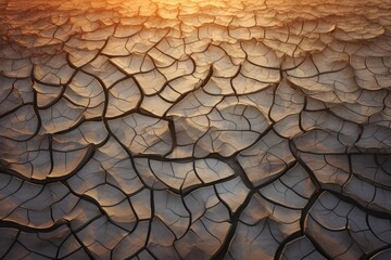 A colorful sunset illuminating a dry and cracked field