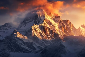 Snow-capped mountain range illuminated by golden-hour light