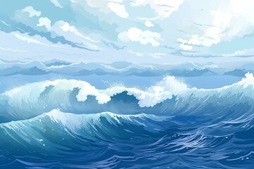 Illustration of waves and ocean with a sky full of clouds. Generative AI