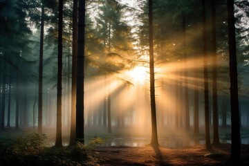 Sunrise over a misty forest with beams of light filtering through trees