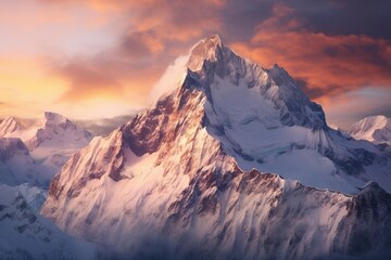 Naklejka na ściany i meble Snow-covered mountain range illuminated by the soft light of a winter sunrise