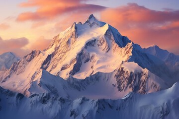 Naklejka na ściany i meble Snow-covered mountain range illuminated by the soft light of a winter sunrise