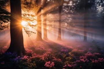 Sunrise over a misty forest with beams of light filtering through trees