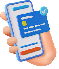 3D Hand holding mobile phone with credit card - obrazy, fototapety, plakaty